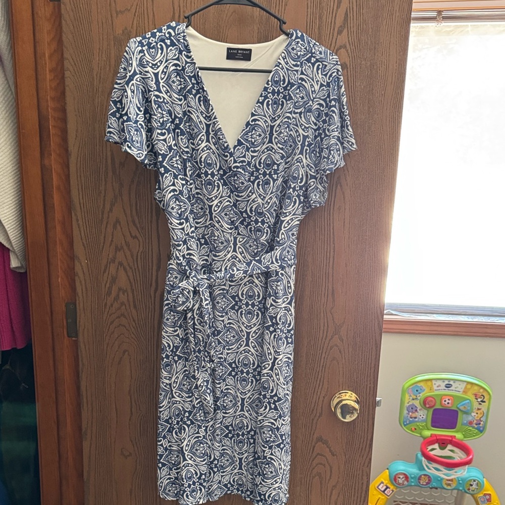 Blue and White Patterned Wrap Dress